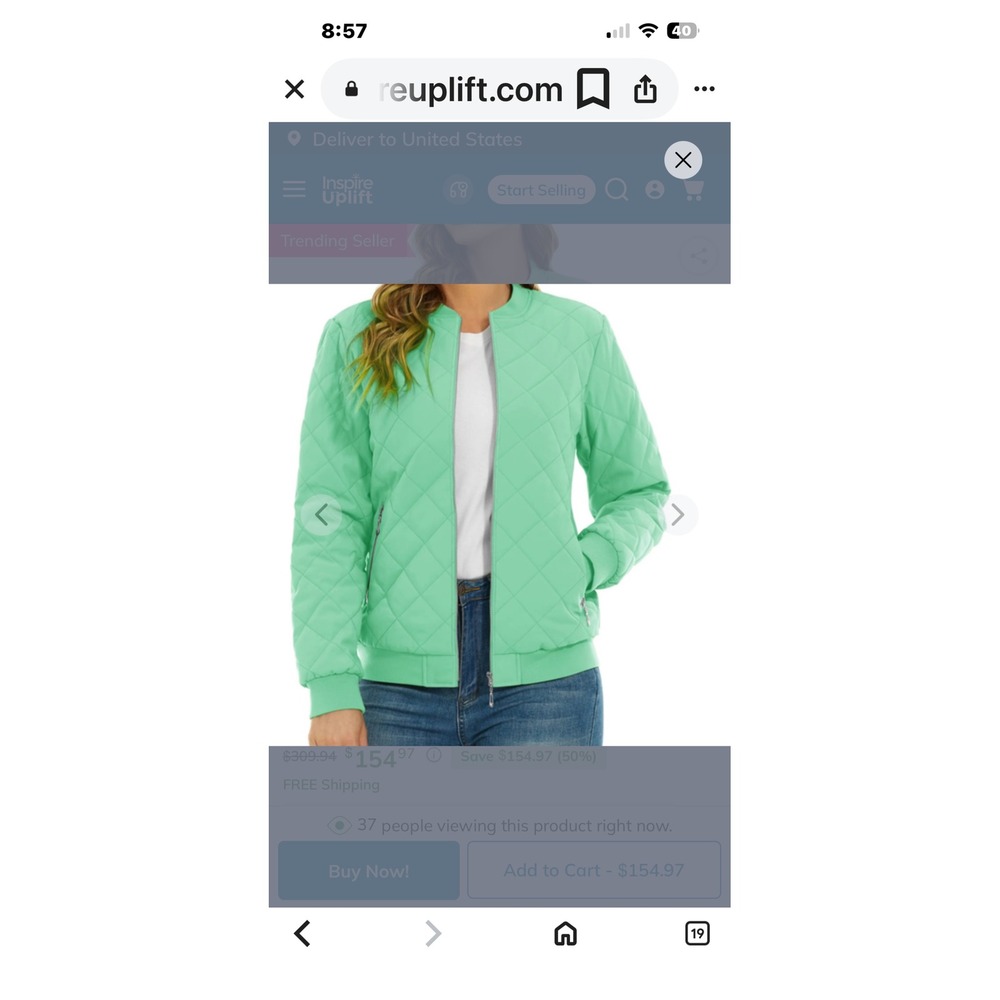 Outdoor Jacket Womens Mint Green Quilted Bomber Jacket‎ Full Zip Small NWT